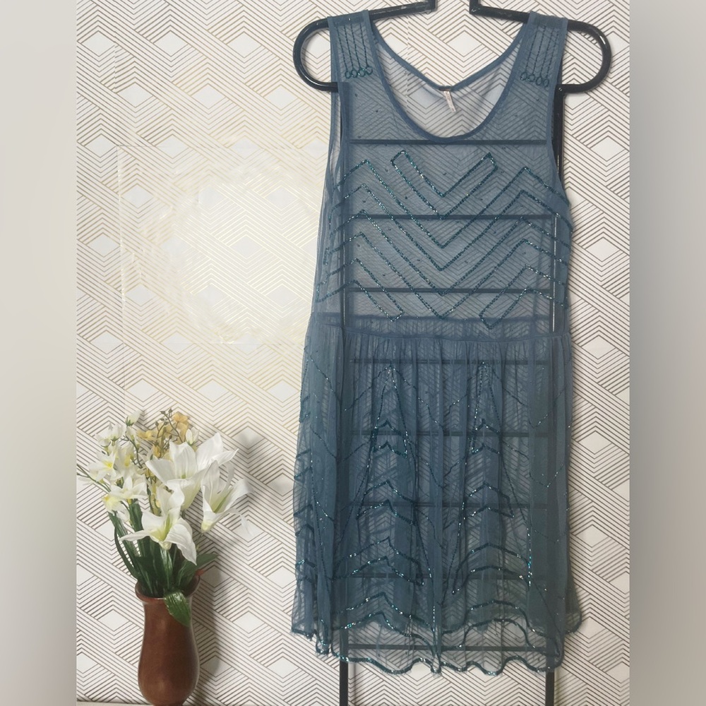 🌟Host Pick🌟Free People! Embellished Teal Sheer Slip Dress - Picture 7 of 16